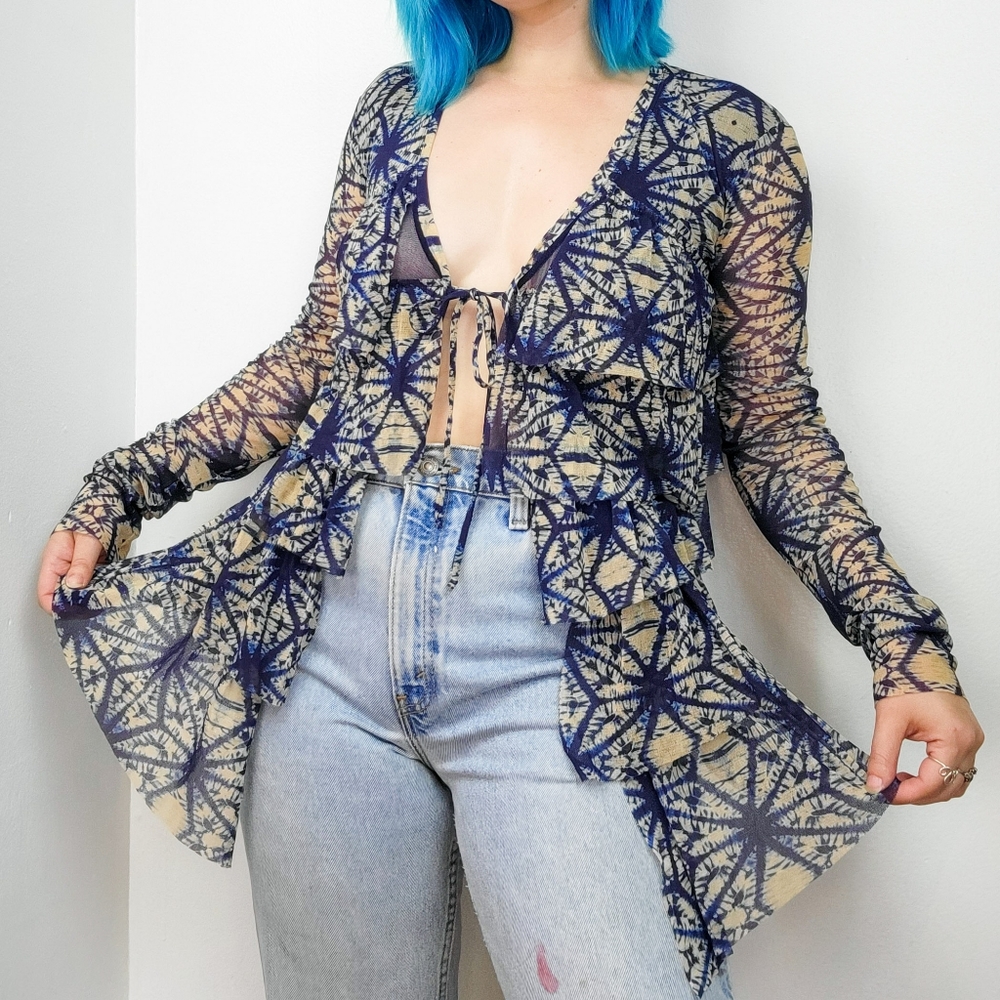 Jean Paul Gaultier Soleil Blue Starburst Mesh Ruffled Cardigan